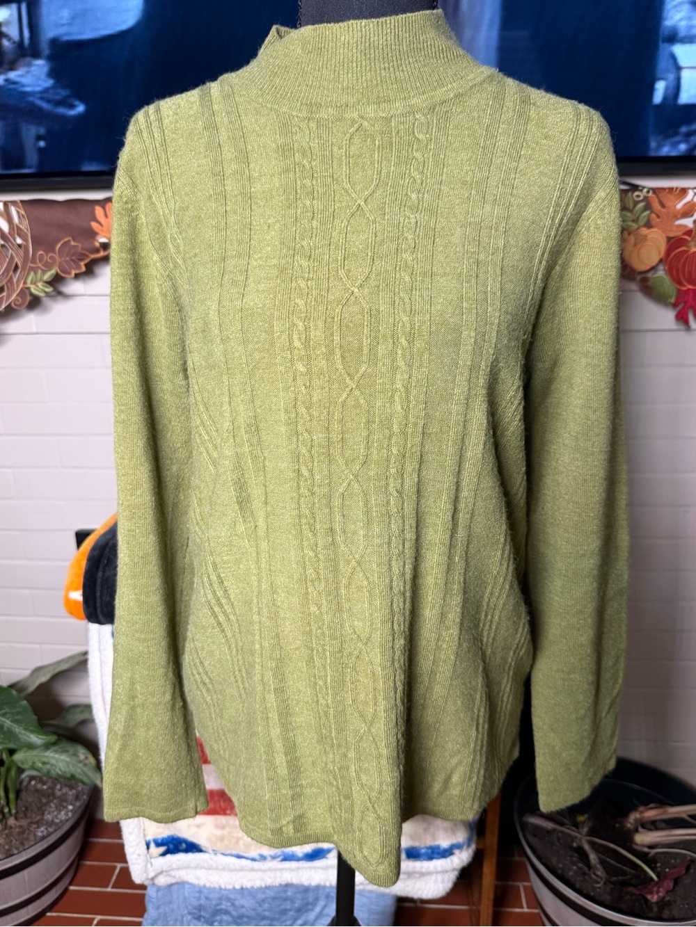 Requirements Olive Cable Knit Mock Neck Sweater